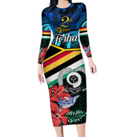 Personalised Torba Vanuatu Long Sleeve Bodycon Dress Sand Drawing With Polynesian Pattern LT9 Long Dress Black - Polynesian Pride