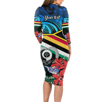 Personalised Torba Vanuatu Long Sleeve Bodycon Dress Sand Drawing With Polynesian Pattern LT9 - Polynesian Pride