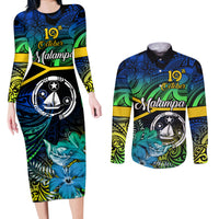 malampa-day-couples-matching-long-sleeve-bodycon-dress-and-long-sleeve-button-shirts-vanuatu-flowers-with-malampa-emblem-tribal-pattern