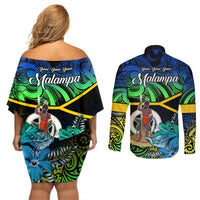 malampa-day-couples-matching-off-shoulder-short-dress-and-long-sleeve-button-shirts-vanuatu-flowers-with-malampa-emblem-tribal-pattern