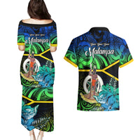 malampa-day-couples-matching-puletasi-dress-and-hawaiian-shirt-vanuatu-flowers-with-malampa-emblem-tribal-pattern