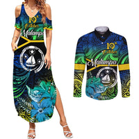 Malampa Day Couples Matching Summer Maxi Dress and Long Sleeve Button Shirts Vanuatu Flowers with Malampa Emblem Tribal Pattern LT9 Black - Polynesian Pride