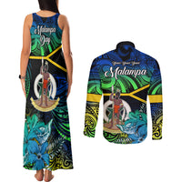 malampa-day-couples-matching-tank-maxi-dress-and-long-sleeve-button-shirts-vanuatu-flowers-with-malampa-emblem-tribal-pattern