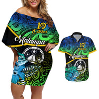 personalised-malampa-day-couples-matching-off-shoulder-short-dress-and-hawaiian-shirt-vanuatu-flowers-with-malampa-emblem-tribal-pattern