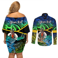 personalised-malampa-day-couples-matching-off-shoulder-short-dress-and-long-sleeve-button-shirts-vanuatu-flowers-with-malampa-emblem-tribal-pattern
