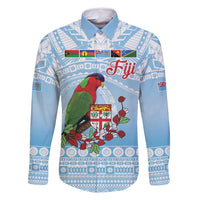 Melanesian Fiji Kula Bird Family Matching Mermaid Dress and Hawaiian Shirt with Tagimoucia Masi Tapa Pattern LT9 Dad's Shirt - Long Sleeve Blue - Polynesian Pride