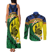 Melanesian New Caledonia Couples Matching Tank Maxi Dress and Long Sleeve Button Shirt Plumeria Kagu Bird and Nautilus Shell