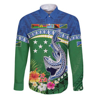 Melanesian Solomon Islands Family Matching Long Sleeve Bodycon Dress and Hawaiian Shirt Tropical Shark Tattoo LT9 Dad's Shirt - Long Sleeve Blue - Polynesian Pride