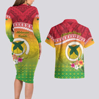 Melanesian Ni-Vanuatu Couples Matching Long Sleeve Bodycon Dress and Hawaiian Shirt Sea Turtle with Sand Drawing Pattern