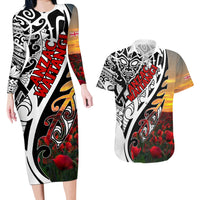 Personalised New Zealand Waitangi and ANZAC day Couples Matching Long Sleeve Bodycon Dress and Hawaiian Shirt LT9 White - Polynesian Pride