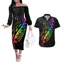 Personalised New Zealand Wellington Pride Couples Matching Off The Shoulder Long Sleeve Dress and Hawaiian Shirt Maori Fern with Pride Flag 2024 LT9 Black - Polynesian Pride