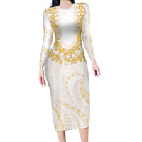 Aloha Lei Onaona Family Matching Long Sleeve Bodycon Dress and Hawaiian Shirt Beige Hawaiian Tribal Pattern
