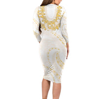 Aloha Lei Onaona Family Matching Long Sleeve Bodycon Dress and Hawaiian Shirt Beige Hawaiian Tribal Pattern