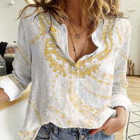Aloha Lei Onaona Women Casual Shirt Beige Hawaiian Tribal Pattern