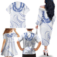 Aloha Lei Onaona Family Matching Off The Shoulder Long Sleeve Dress and Hawaiian Shirt Navy Blue Hawaiian Tribal Pattern