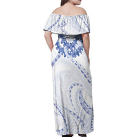 Aloha Lei Onaona Family Matching Off Shoulder Maxi Dress and Hawaiian Shirt Navy Blue Hawaiian Tribal Pattern