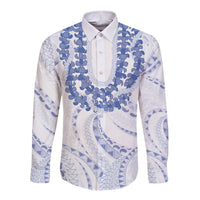 Aloha Lei Onaona Long Sleeve Button Shirt Navy Blue Hawaiian Tribal Pattern