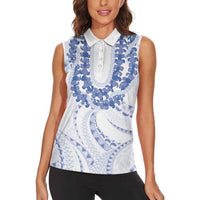 Aloha Lei Onaona Women Sleeveless Polo Shirt Navy Blue Hawaiian Tribal Pattern