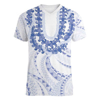 Aloha Lei Onaona Women V-Neck T-Shirt Navy Blue Hawaiian Tribal Pattern