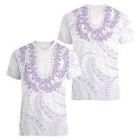 Aloha Lei Onaona Women V-Neck T-Shirt Purple Hawaiian Tribal Pattern