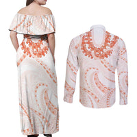 Aloha Lei Onaona Couples Matching Off Shoulder Maxi Dress and Long Sleeve Button Shirt Red Hawaiian Tribal Pattern