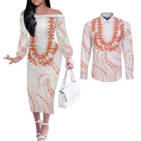 Aloha Lei Onaona Couples Matching Off The Shoulder Long Sleeve Dress and Long Sleeve Button Shirt Red Hawaiian Tribal Pattern