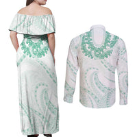 Aloha Lei Onaona Couples Matching Off Shoulder Maxi Dress and Long Sleeve Button Shirt Sage Green Hawaiian Tribal Pattern