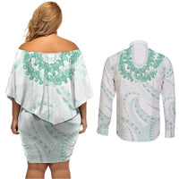 Aloha Lei Onaona Couples Matching Off Shoulder Short Dress and Long Sleeve Button Shirt Sage Green Hawaiian Tribal Pattern