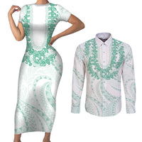 Aloha Lei Onaona Couples Matching Short Sleeve Bodycon Dress and Long Sleeve Button Shirt Sage Green Hawaiian Tribal Pattern