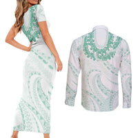 Aloha Lei Onaona Couples Matching Short Sleeve Bodycon Dress and Long Sleeve Button Shirt Sage Green Hawaiian Tribal Pattern