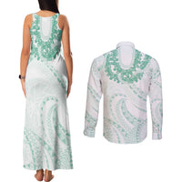 Aloha Lei Onaona Couples Matching Tank Maxi Dress and Long Sleeve Button Shirt Sage Green Hawaiian Tribal Pattern