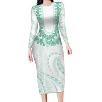 Aloha Lei Onaona Family Matching Long Sleeve Bodycon Dress and Hawaiian Shirt Sage Green Hawaiian Tribal Pattern