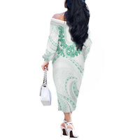 Aloha Lei Onaona Off The Shoulder Long Sleeve Dress Sage Green Hawaiian Tribal Pattern