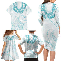 Aloha Lei Onaona Family Matching Long Sleeve Bodycon Dress and Hawaiian Shirt Teal Hawaiian Tribal Pattern