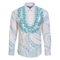 Aloha Lei Onaona Family Matching Off Shoulder Short Dress and Hawaiian Shirt Teal Hawaiian Tribal Pattern LT9 Dad's Shirt - Long Sleeve Teal - Polynesian Pride