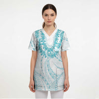 Aloha Lei Onaona Scrub Top Teal Hawaiian Tribal Pattern LT9 - Polynesian Pride