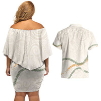 Aloha Lei Mikioi Couples Matching Off Shoulder Short Dress and Hawaiian Shirt Beige Polynesian Tribal Tatau Pattern