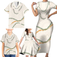 Aloha Lei Mikioi Family Matching Short Sleeve Bodycon Dress and Hawaiian Shirt Beige Polynesian Tribal Tatau Pattern