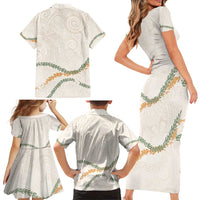 Aloha Lei Mikioi Family Matching Short Sleeve Bodycon Dress and Hawaiian Shirt Beige Polynesian Tribal Tatau Pattern