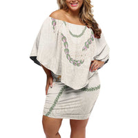 Aloha Lei Mikioi Off Shoulder Short Dress Beige Polynesian Tribal Tatau Pattern