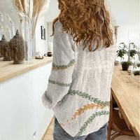 Aloha Lei Mikioi Women Casual Shirt Beige Polynesian Tribal Tatau Pattern