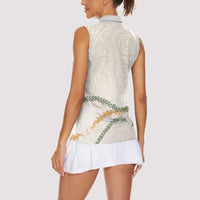 Aloha Lei Mikioi Women Sleeveless Polo Shirt Beige Polynesian Tribal Tatau Pattern