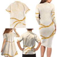 Aloha Lei Mikioi Family Matching Long Sleeve Bodycon Dress and Hawaiian Shirt Gold Polynesian Tribal Tatau Pattern