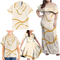 Aloha Lei Mikioi Family Matching Off Shoulder Maxi Dress and Hawaiian Shirt Gold Polynesian Tribal Tatau Pattern