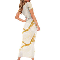 Aloha Lei Mikioi Family Matching Short Sleeve Bodycon Dress and Hawaiian Shirt Gold Polynesian Tribal Tatau Pattern