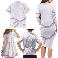 Aloha Lei Mikioi Family Matching Long Sleeve Bodycon Dress and Hawaiian Shirt Purple Polynesian Tribal Tatau Pattern
