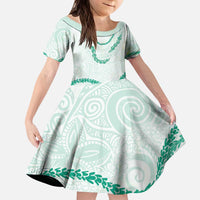 Aloha Lei Mikioi Kid Short Sleeve Dress Sage Green Polynesian Tribal Tatau Pattern