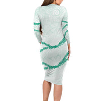Aloha Lei Mikioi Long Sleeve Bodycon Dress Sage Green Polynesian Tribal Tatau Pattern