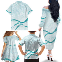 Aloha Lei Mikioi Family Matching Off The Shoulder Long Sleeve Dress and Hawaiian Shirt Teal Polynesian Tribal Tatau Pattern