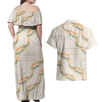 Aloha Pakalana and Puakenikeni Lei Couples Matching Off Shoulder Maxi Dress and Hawaiian Shirt Beige Hawaiian Pattern